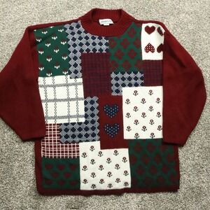 Vintage Private Eyes Sweater Women's Large Patchwork‎ Heart Floral Mock Neck USA